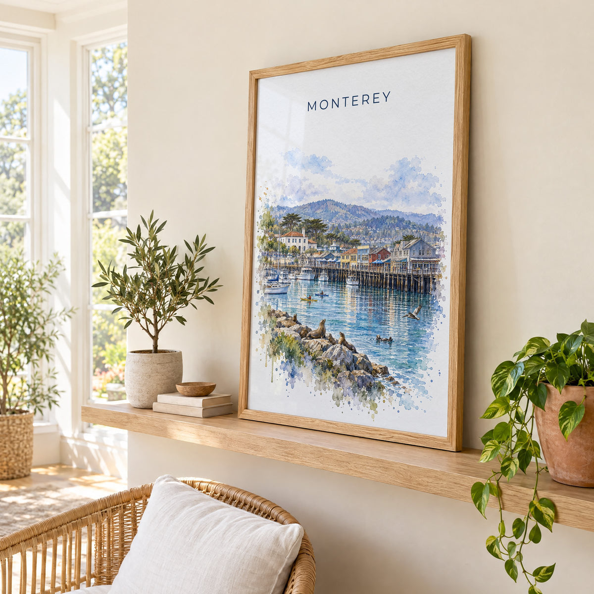 Monterey watercolor print in an oak frame on a picture ledge in a sunlit sunroom