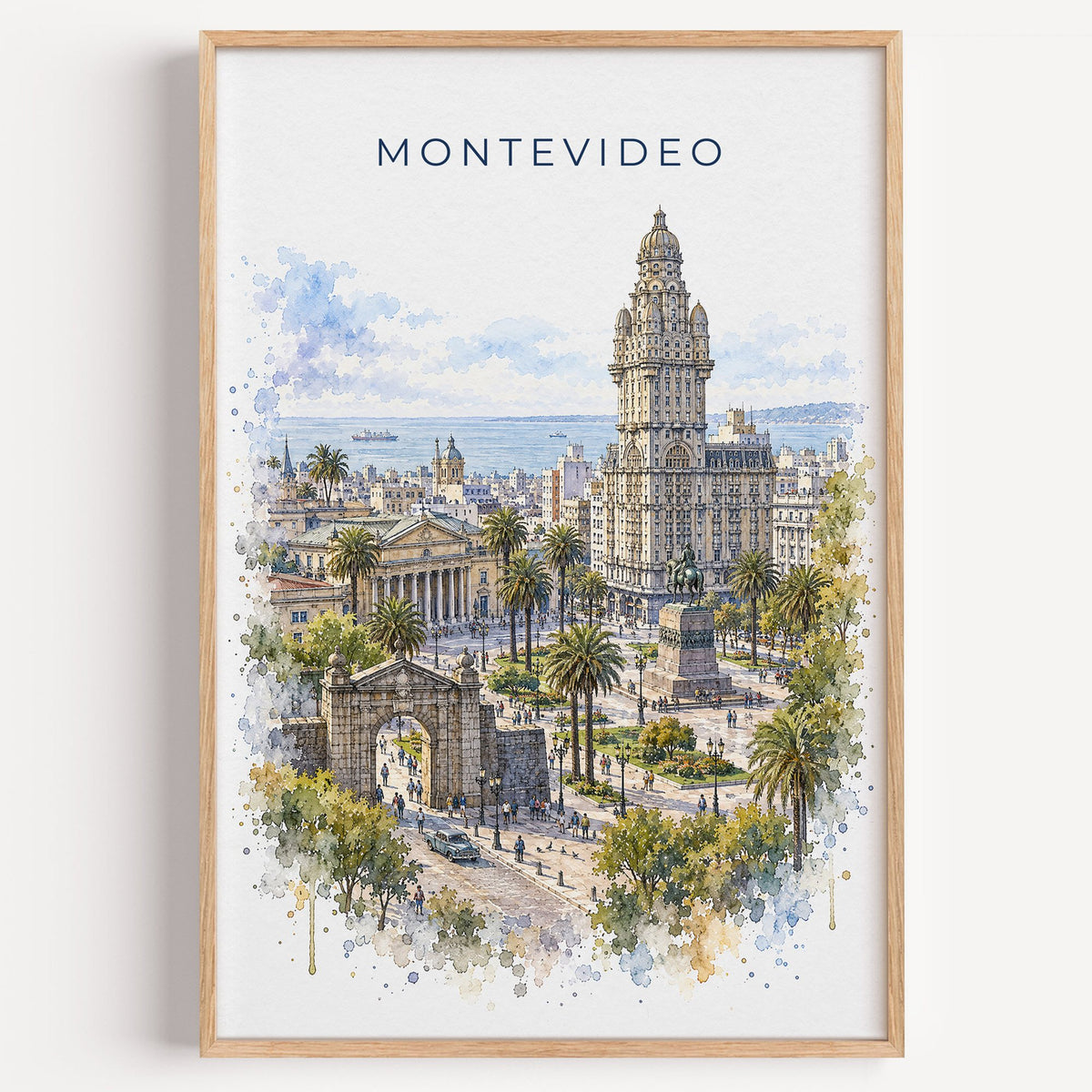 Montevideo watercolor print in a light oak frame on a plain white wall