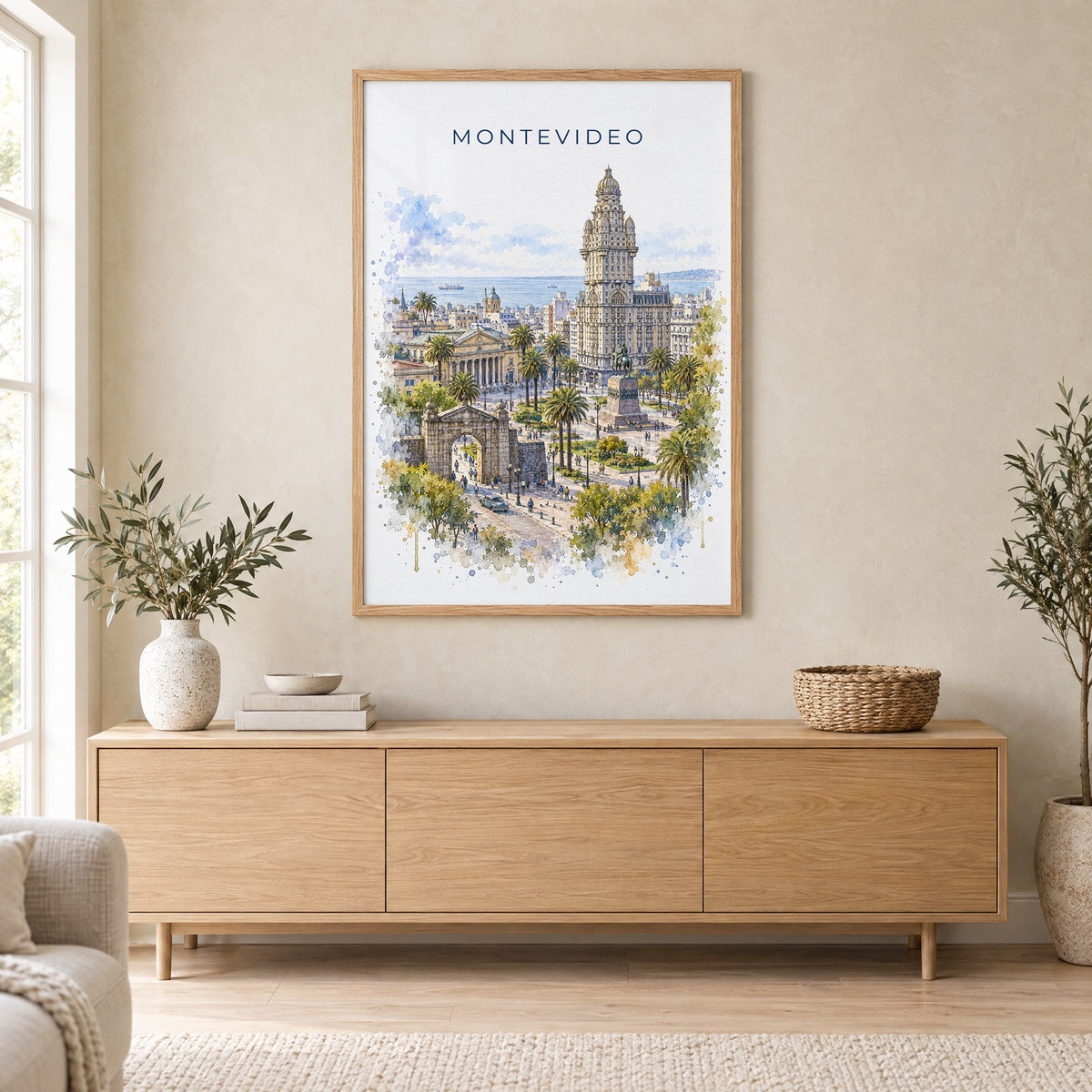 Montevideo watercolor print in an oak frame above a light wood sideboard in a Scandinavian living room