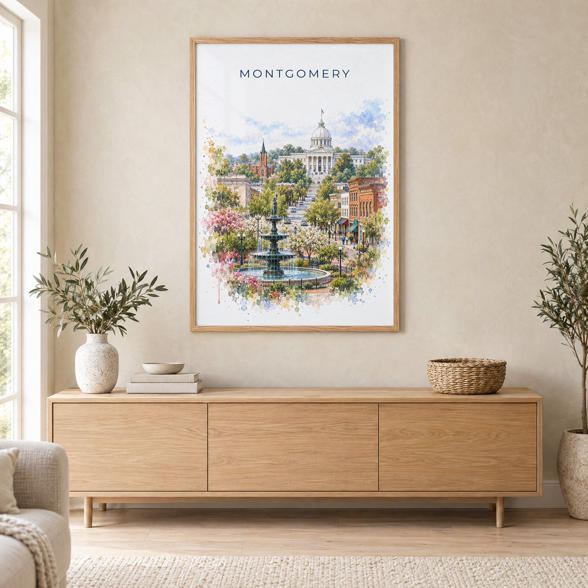 Montgomery, Alabama watercolor print in an oak frame above a light wood sideboard in a Scandinavian living room