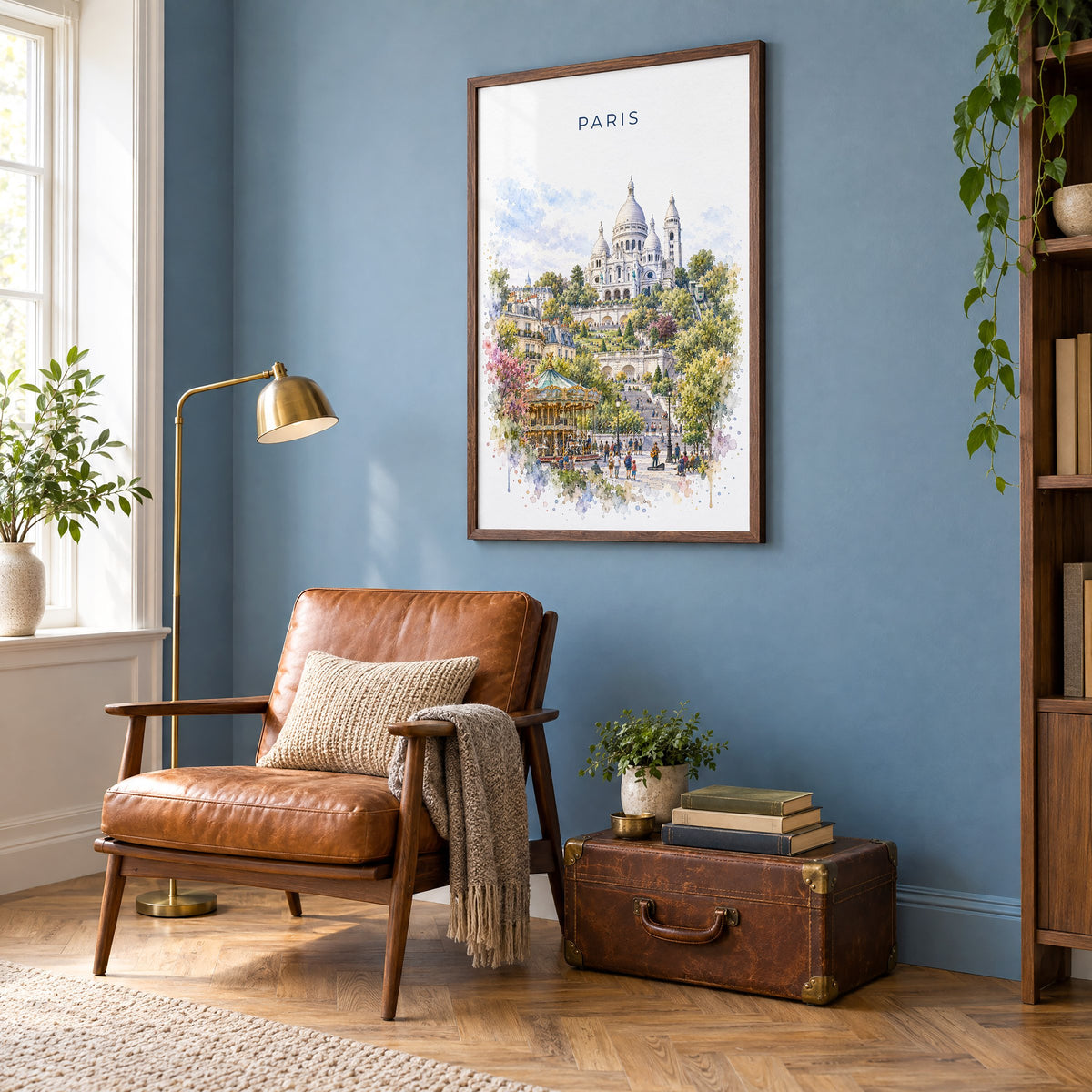 Montmartre Paris watercolor print in a walnut frame on a blue wall above a leather armchair in a reading nook