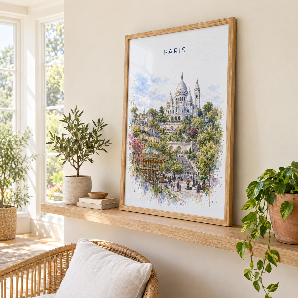 Montmartre Paris watercolor print in an oak frame on a picture ledge in a sunlit sunroom