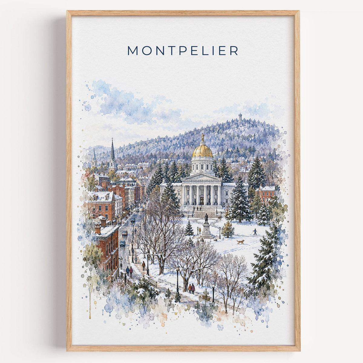 Montpelier watercolor print in a light oak frame on a plain white wall