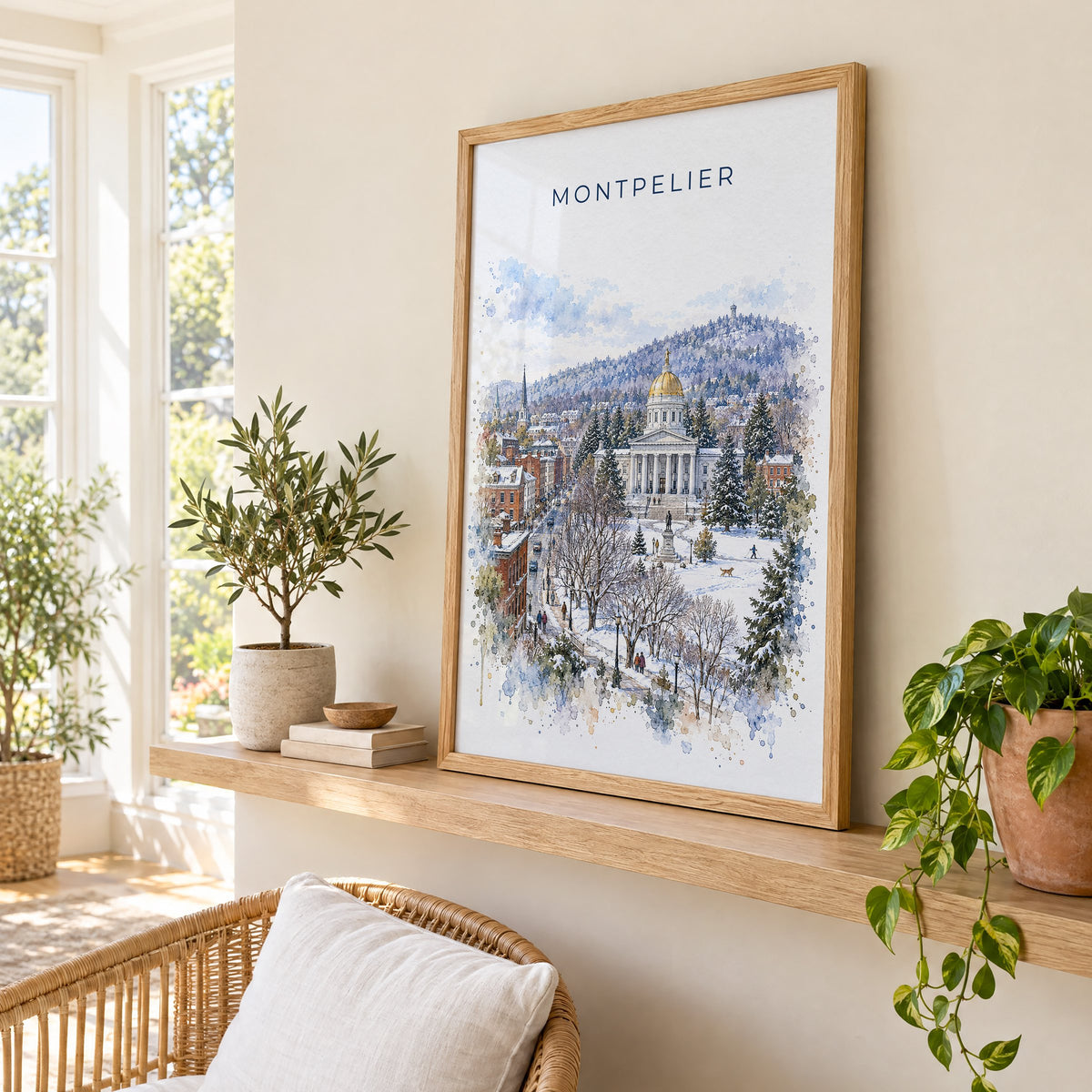 Montpelier watercolor print in an oak frame on a picture ledge in a sunlit sunroom