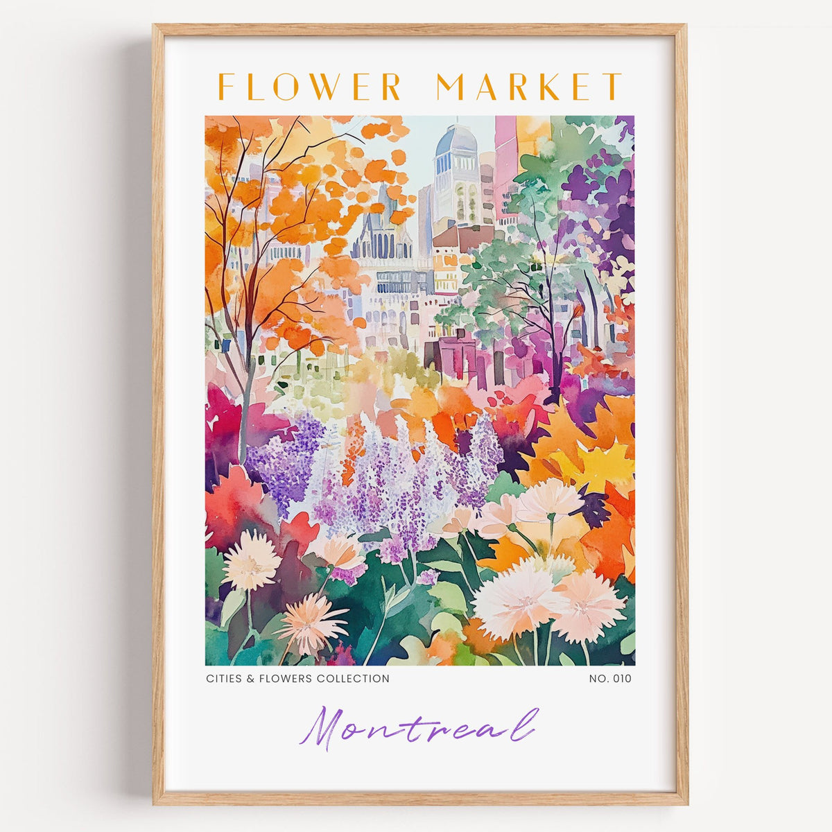 Montreal flower market print in a light oak frame on a plain white wall