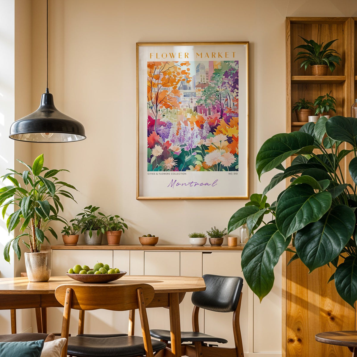 Montreal flower market print in an oak frame above a dining sideboard lined with potted plants
