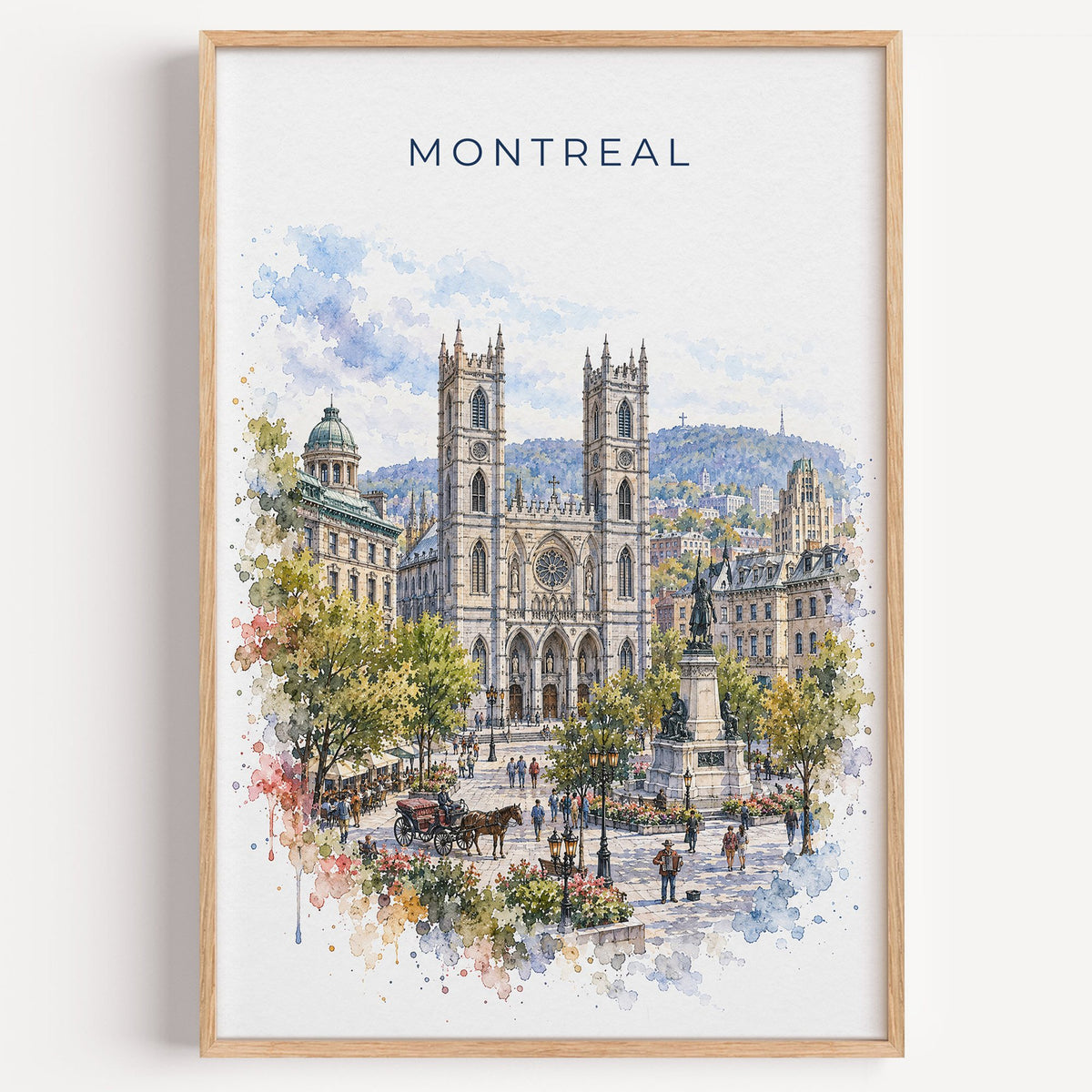 Montreal watercolor print in a light oak frame on a plain white wall