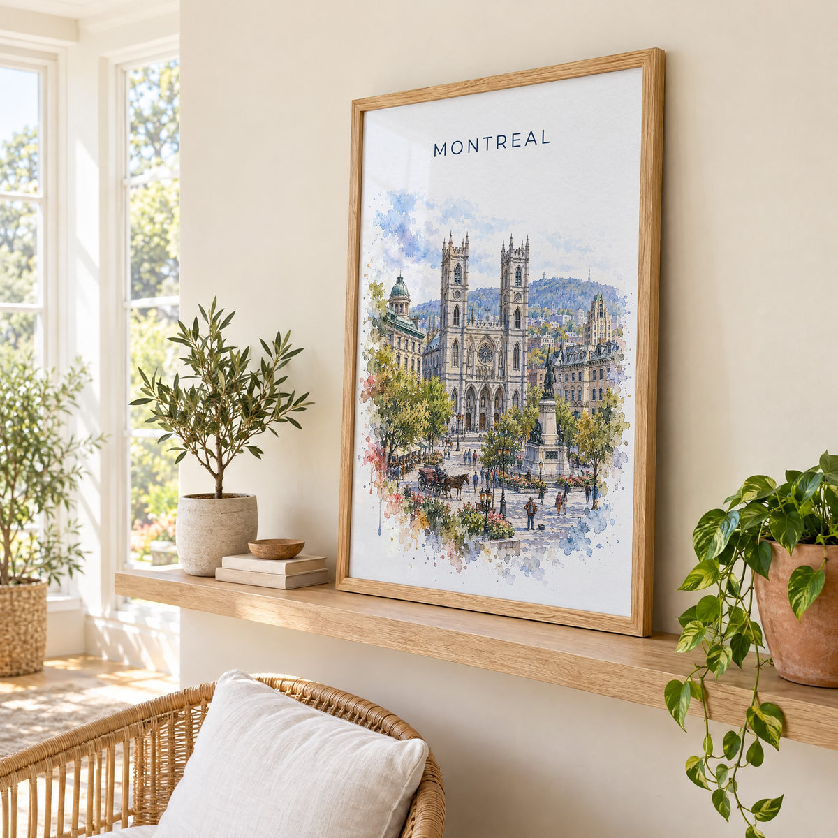 Montreal watercolor print in an oak frame on a picture ledge in a sunlit sunroom