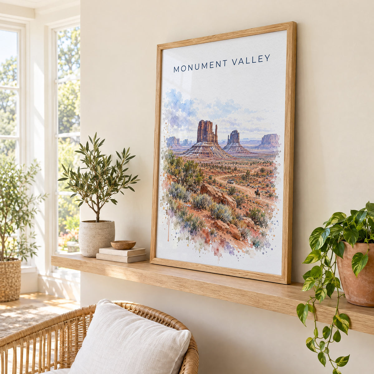 Monument Valley watercolor print in an oak frame on a picture ledge in a sunlit sunroom
