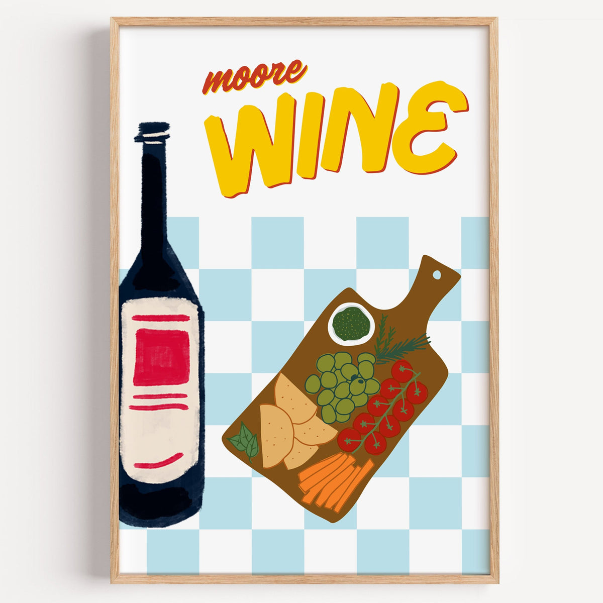 Moore Wine cheese board print in a light oak frame on a plain white wall