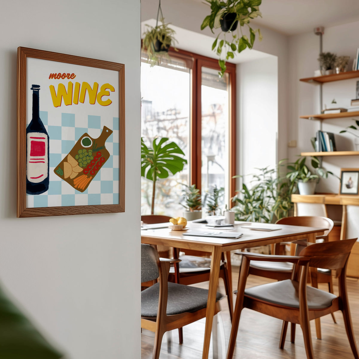 Wine and cheese board print in a walnut frame beside a mid-century dining table
