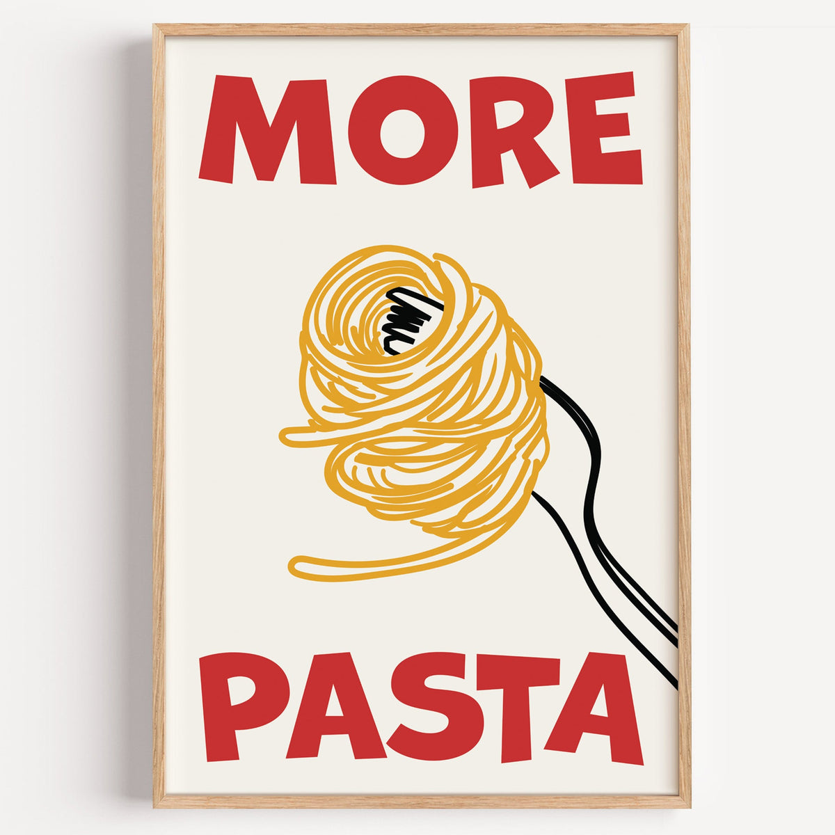 More pasta spaghetti print in a light oak frame on a plain white wall