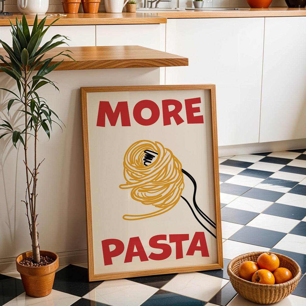 More pasta spaghetti print in an oak frame by a kitchen island and checkered floor