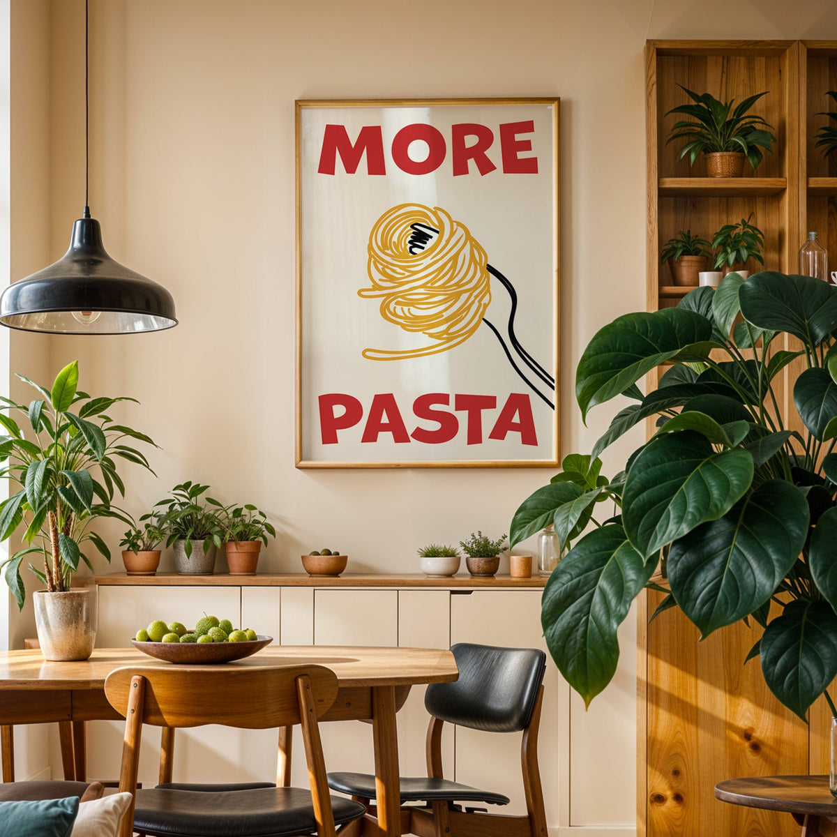 More pasta spaghetti print in an oak frame above a sideboard in a plant-filled dining room