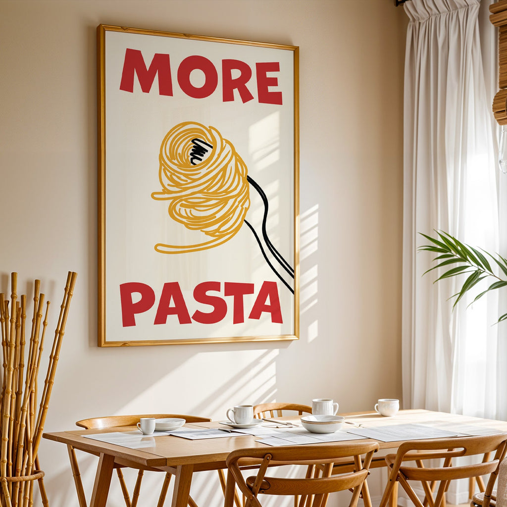 More pasta spaghetti print in a gold frame above a sunlit breakfast table