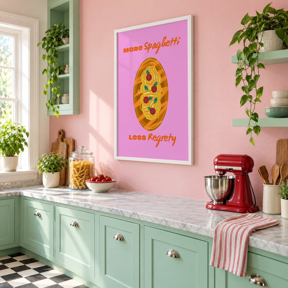 MORE Spaghetti LESS Regrety pasta plate print in a white frame on a pink wall above mint green cabinets in a retro kitchen, seen at an angle