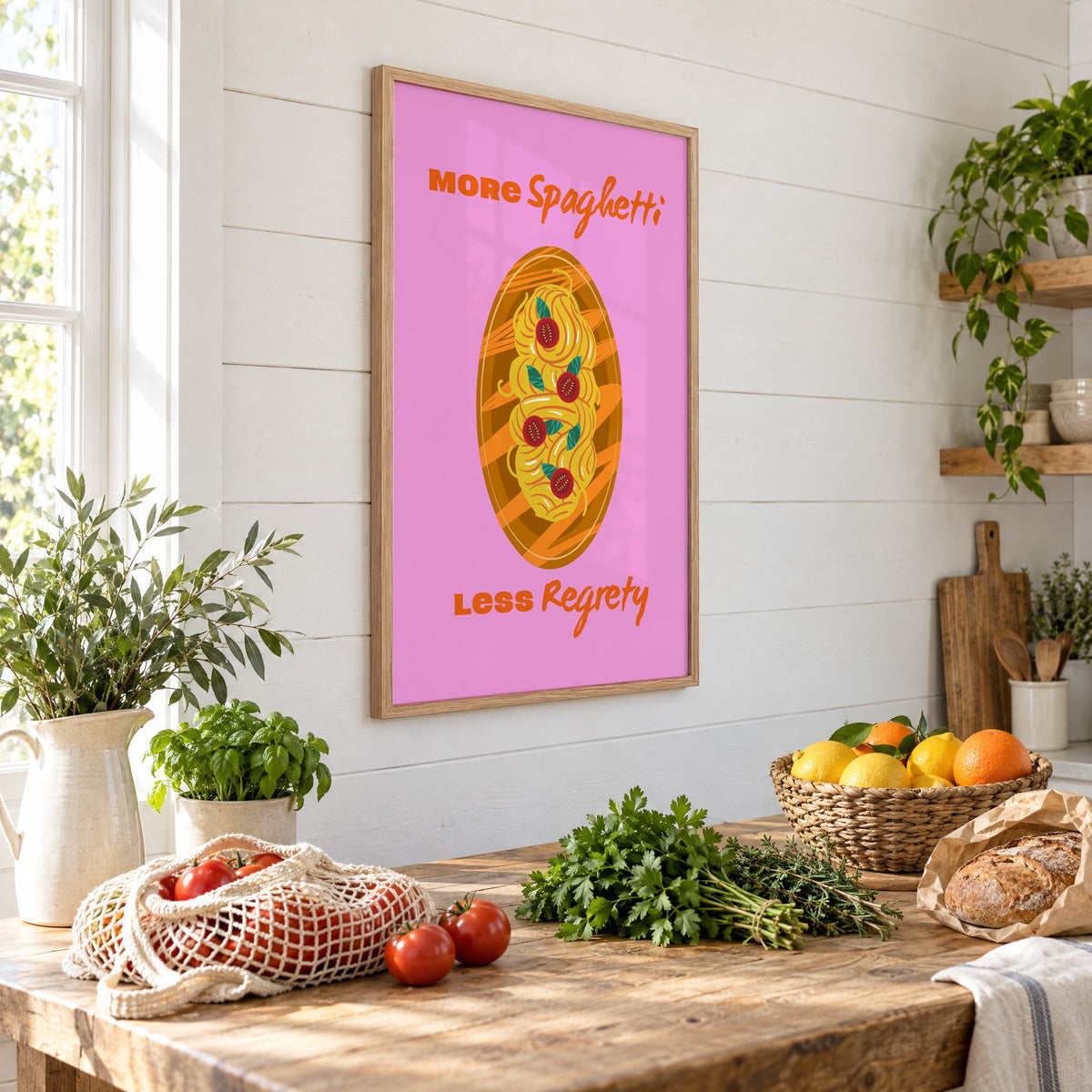MORE Spaghetti LESS Regrety pasta plate print in an oak frame on a shiplap wall above a farm table with market tomatoes and citrus, seen at an angle