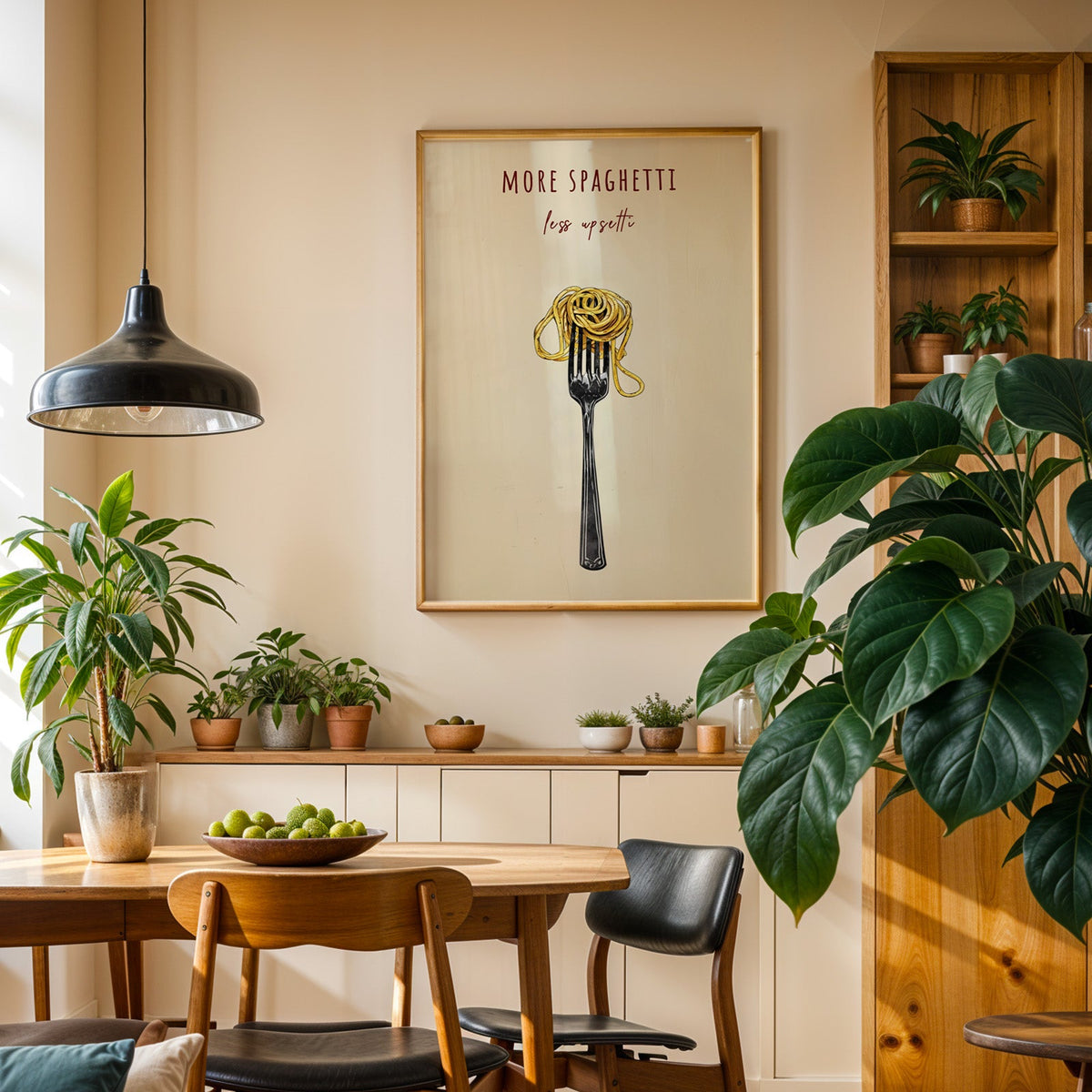 More Spaghetti Less Upsetti print in an oak frame in a dining room above a plant-lined sideboard