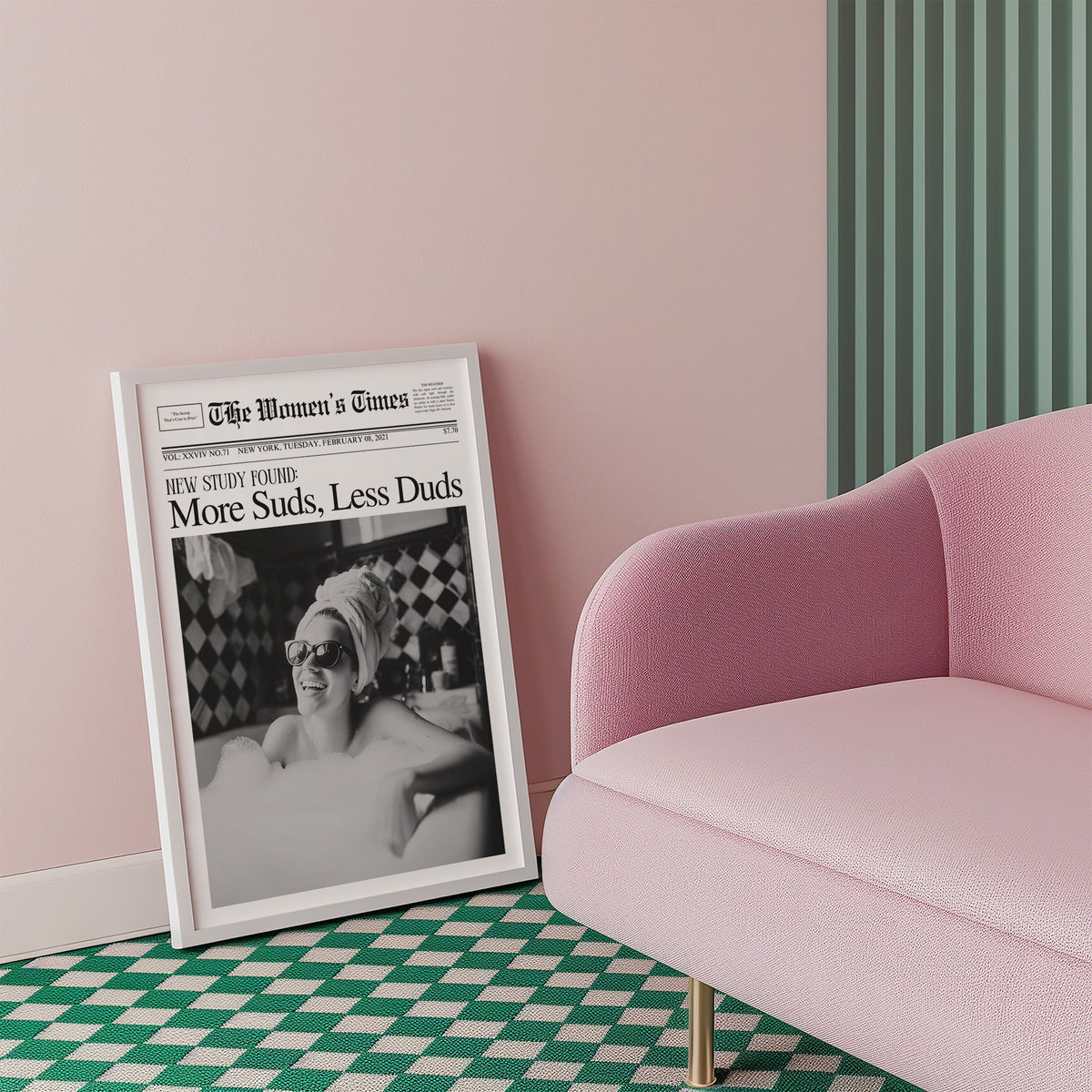 Woman in bubble bath mock newspaper print in a white frame beside a pink armchair on a checkered floor