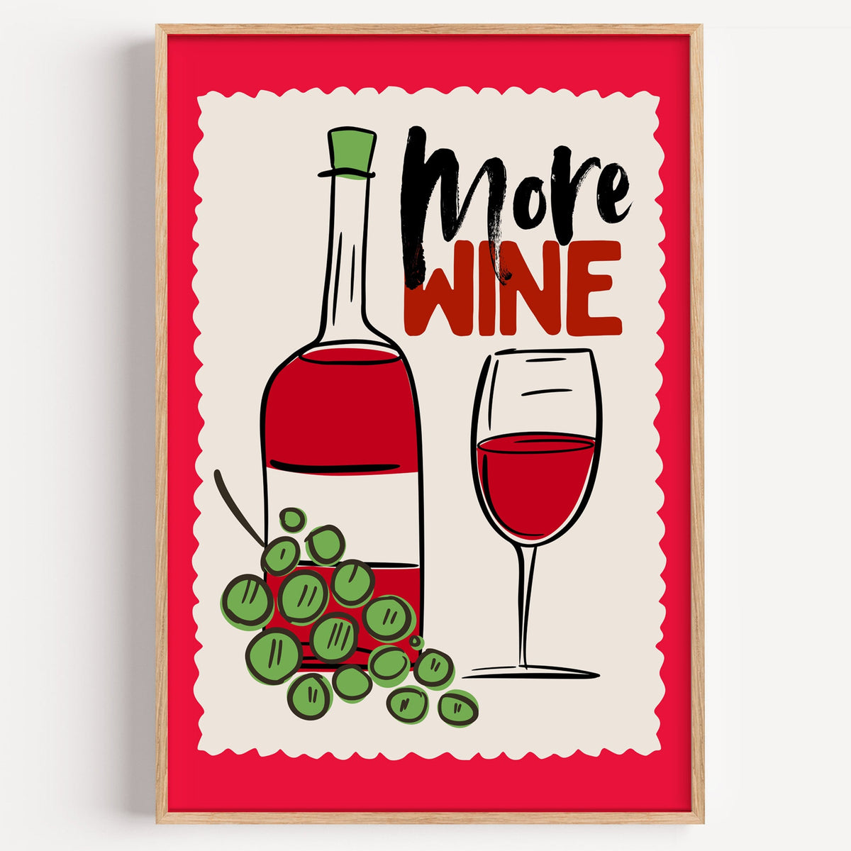 More Wine stamp print in a light oak frame on a plain white wall
