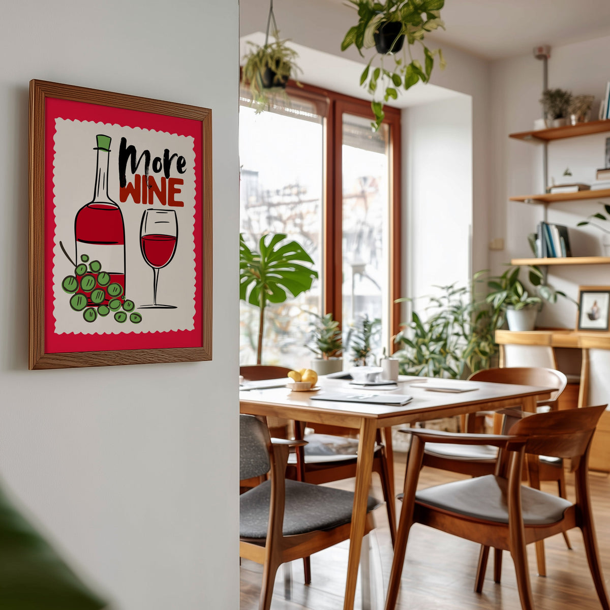 More Wine print in a walnut frame beside a mid-century dining table