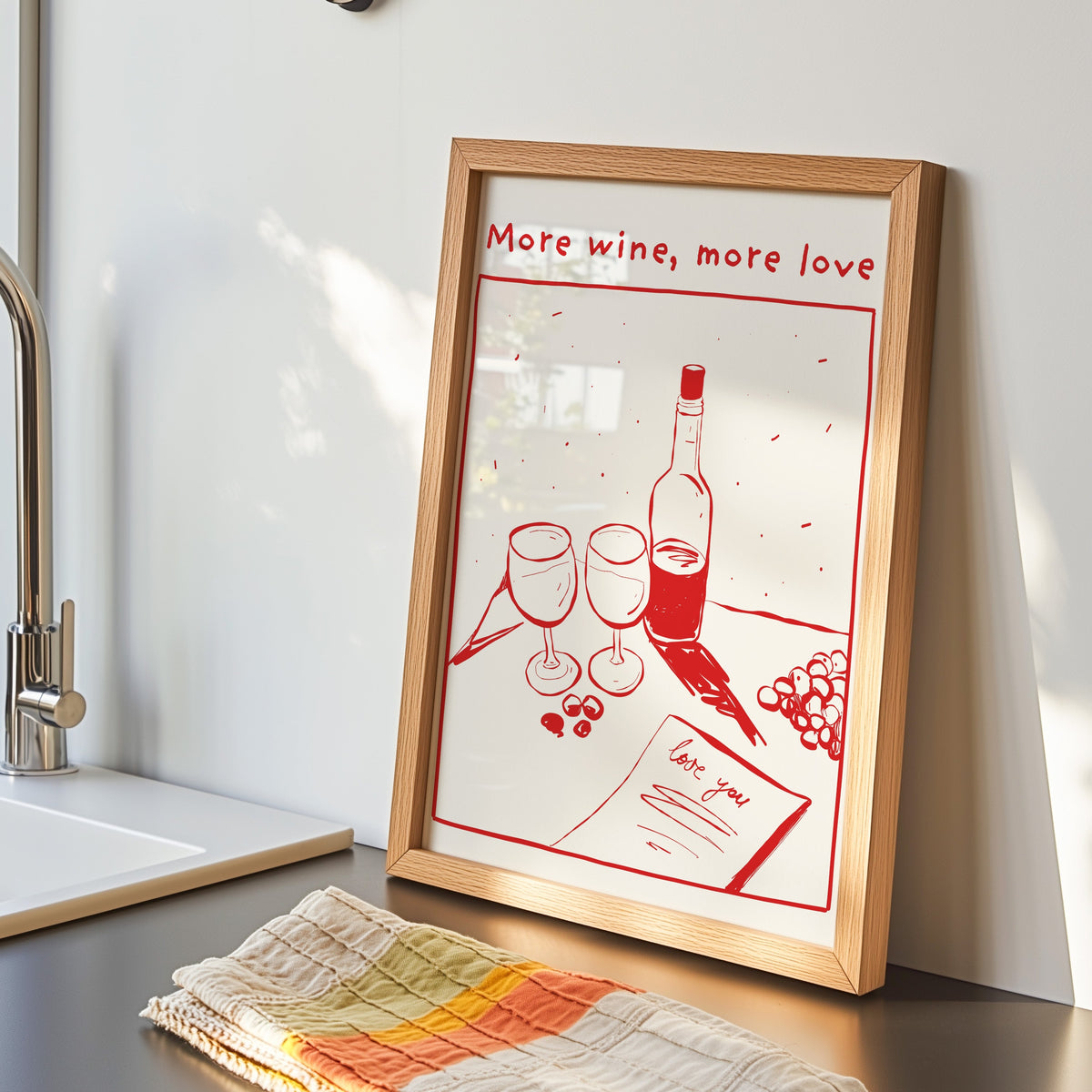 More Wine More Love print in an oak frame by the kitchen sink beside a striped tea towel