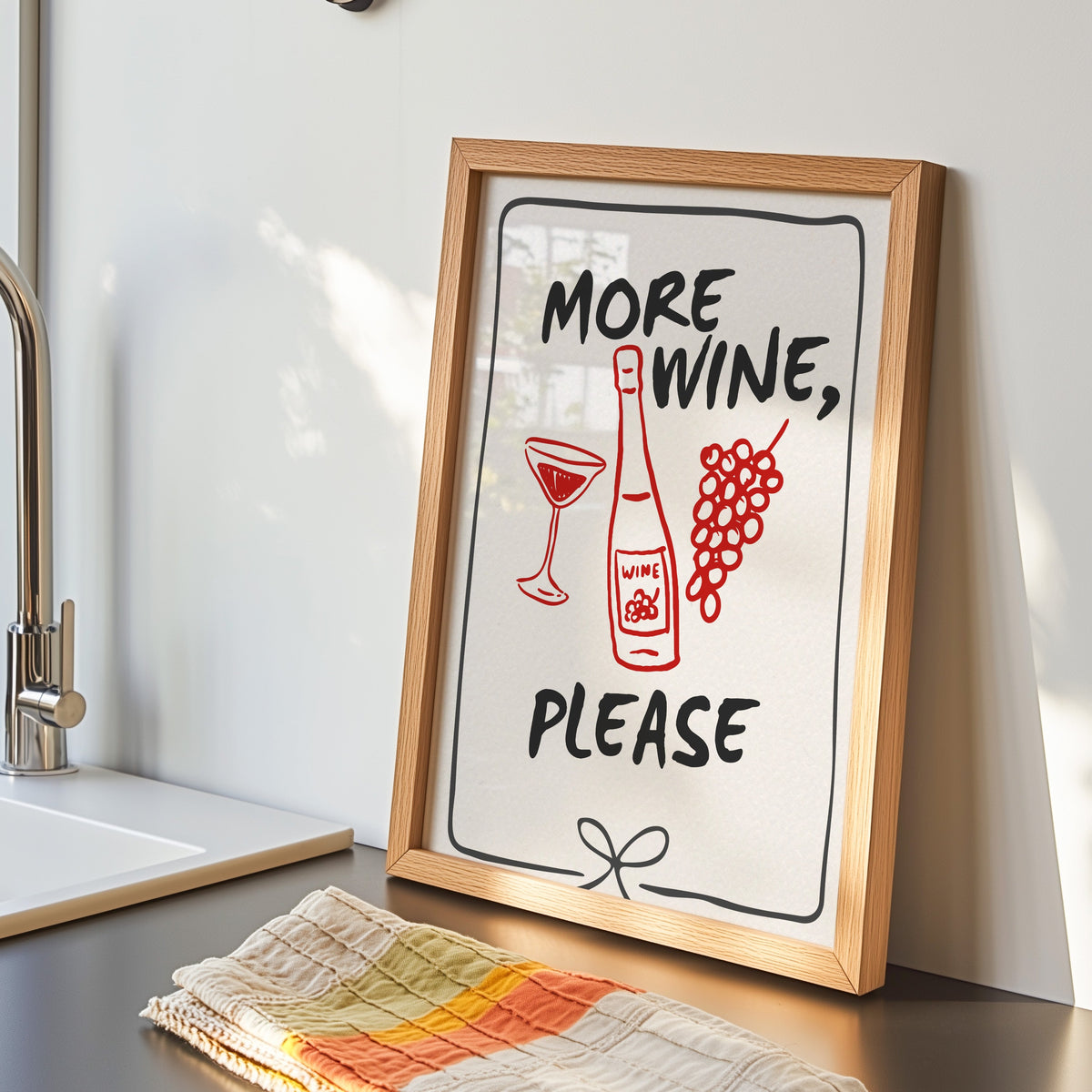 More Wine Please print in an oak frame by the kitchen sink beside a striped tea towel