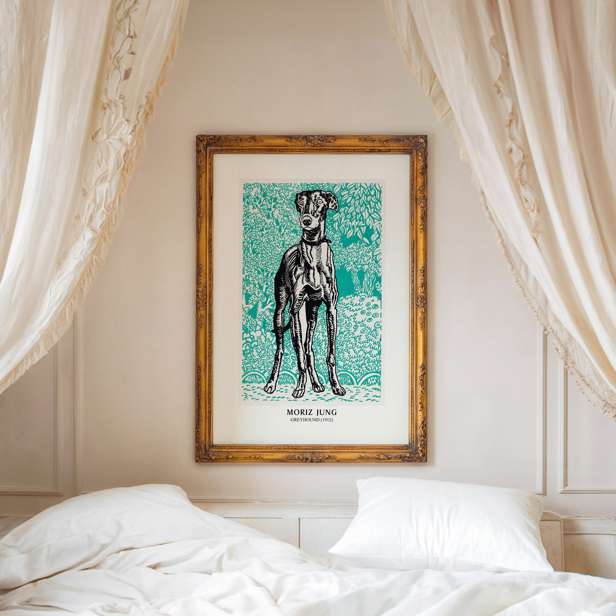 Greyhound print shown in an ornate gold frame above a canopy bed