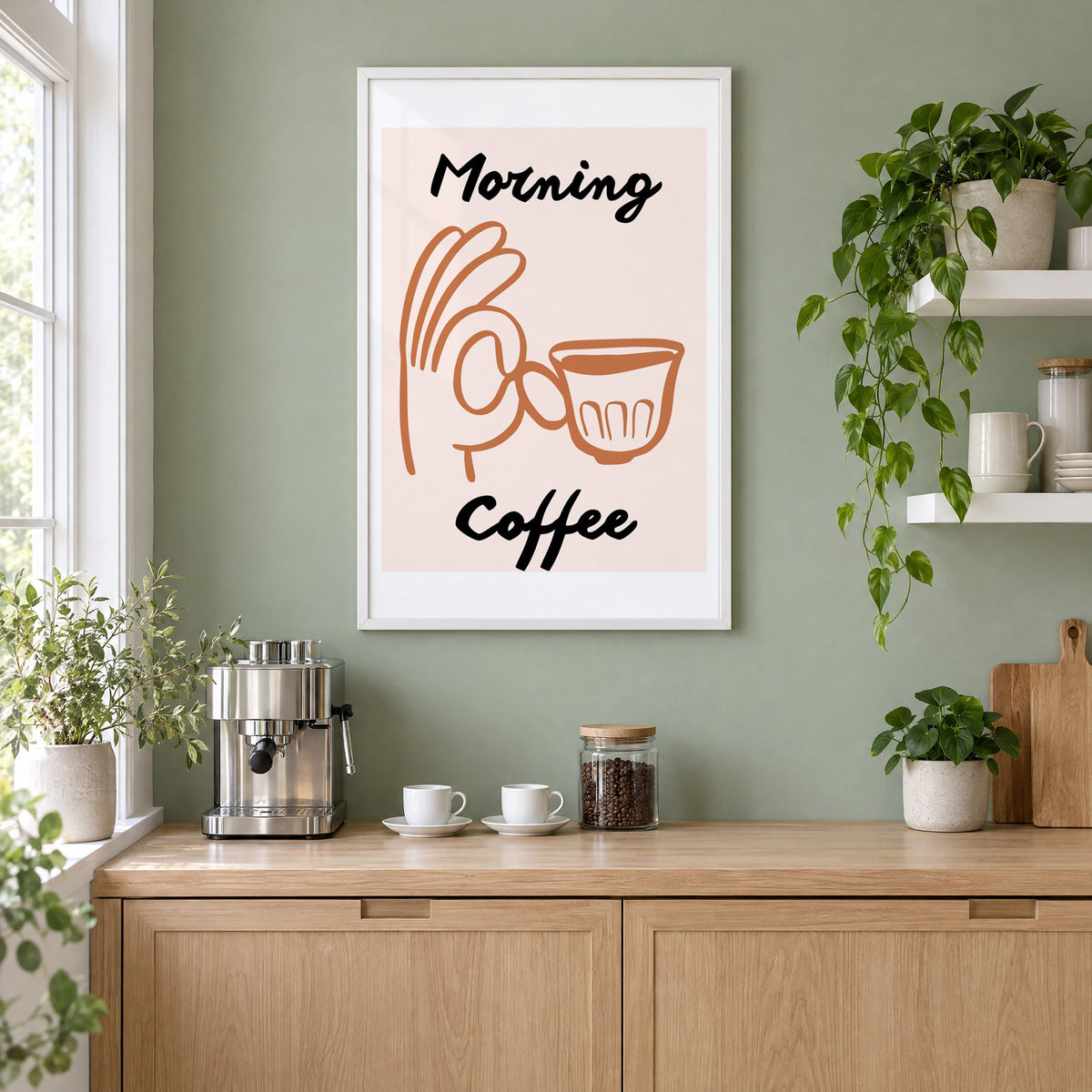 Morning Coffee terracotta hand cup print in a white frame on a sage green coffee nook wall above an espresso machine