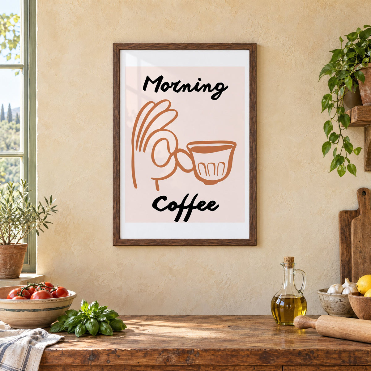 Morning Coffee terracotta hand cup print in a walnut frame above a rustic Italian kitchen table with tomatoes