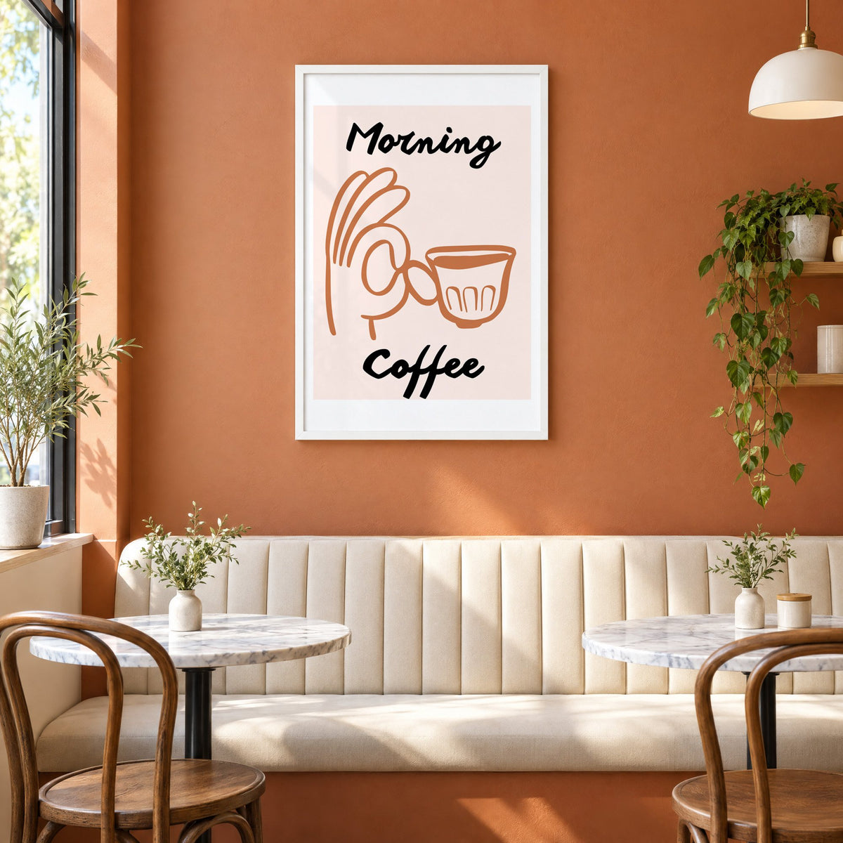 Morning Coffee terracotta hand cup print in a white frame above a cream banquette on a terracotta cafe wall