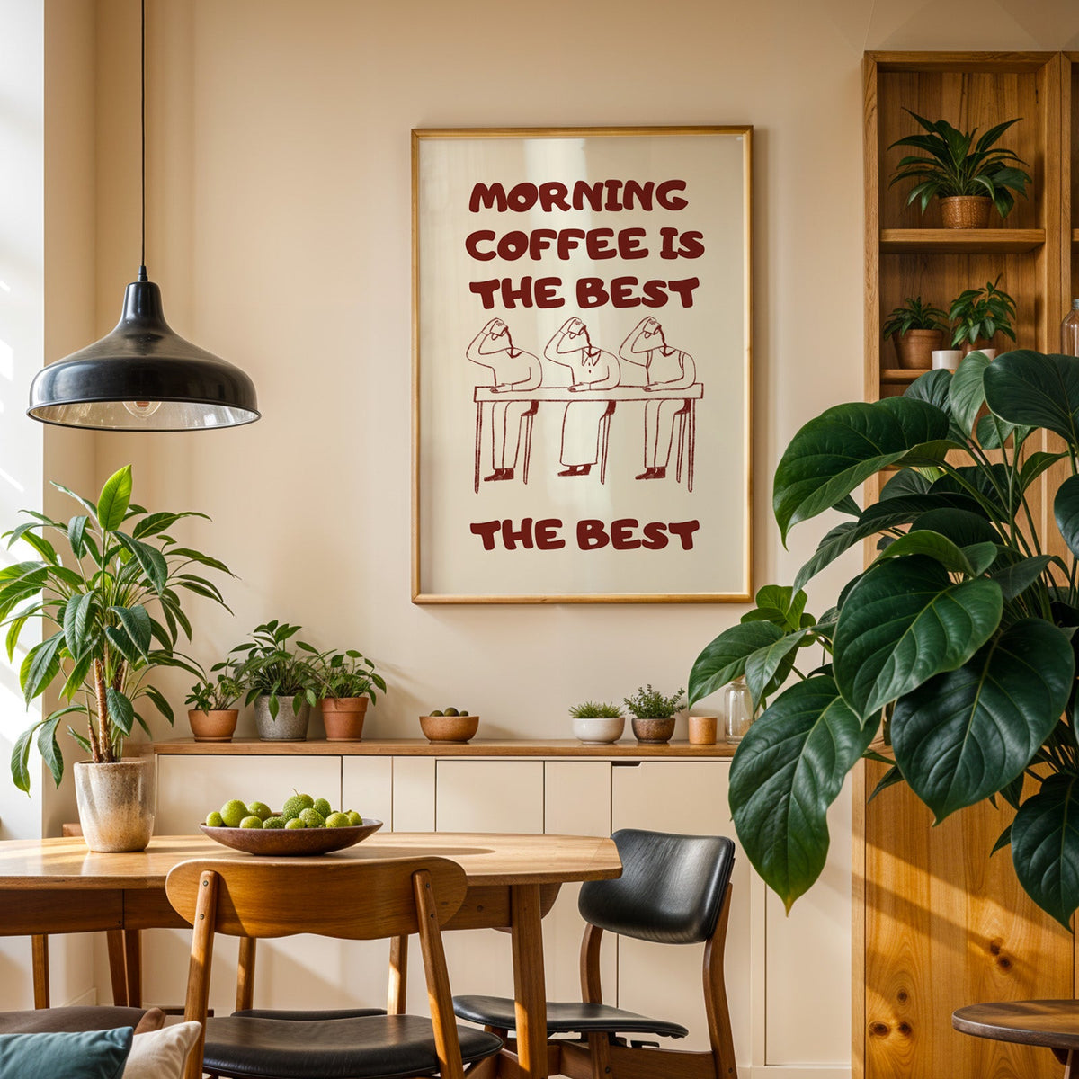 Morning Coffee Is The Best print in an oak frame in a dining room above a plant-lined sideboard