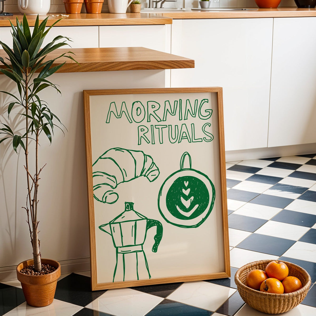 Morning rituals coffee line print in an oak frame by a kitchen island and checkered floor