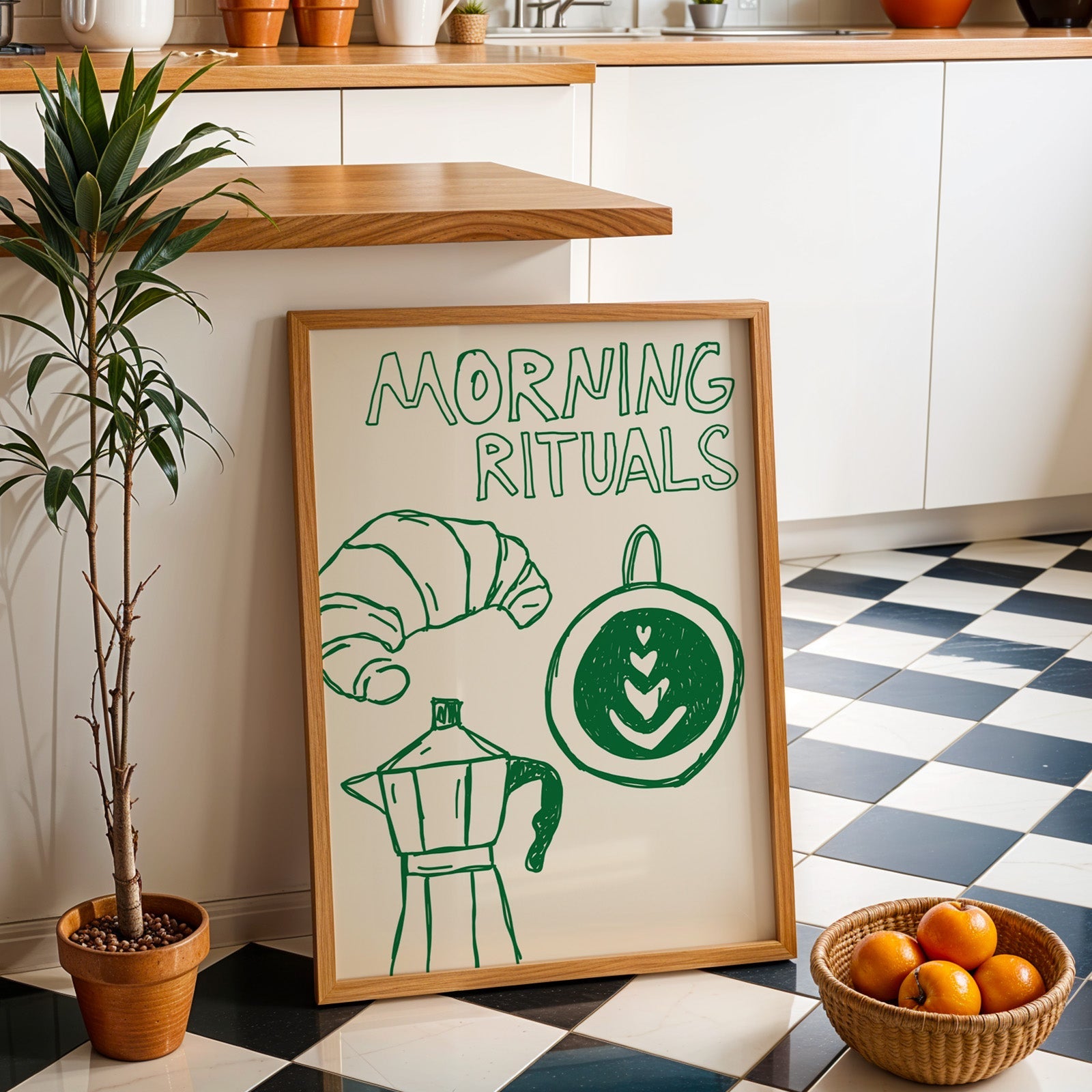 Morning rituals coffee line print in an oak frame by a kitchen island and checkered floor