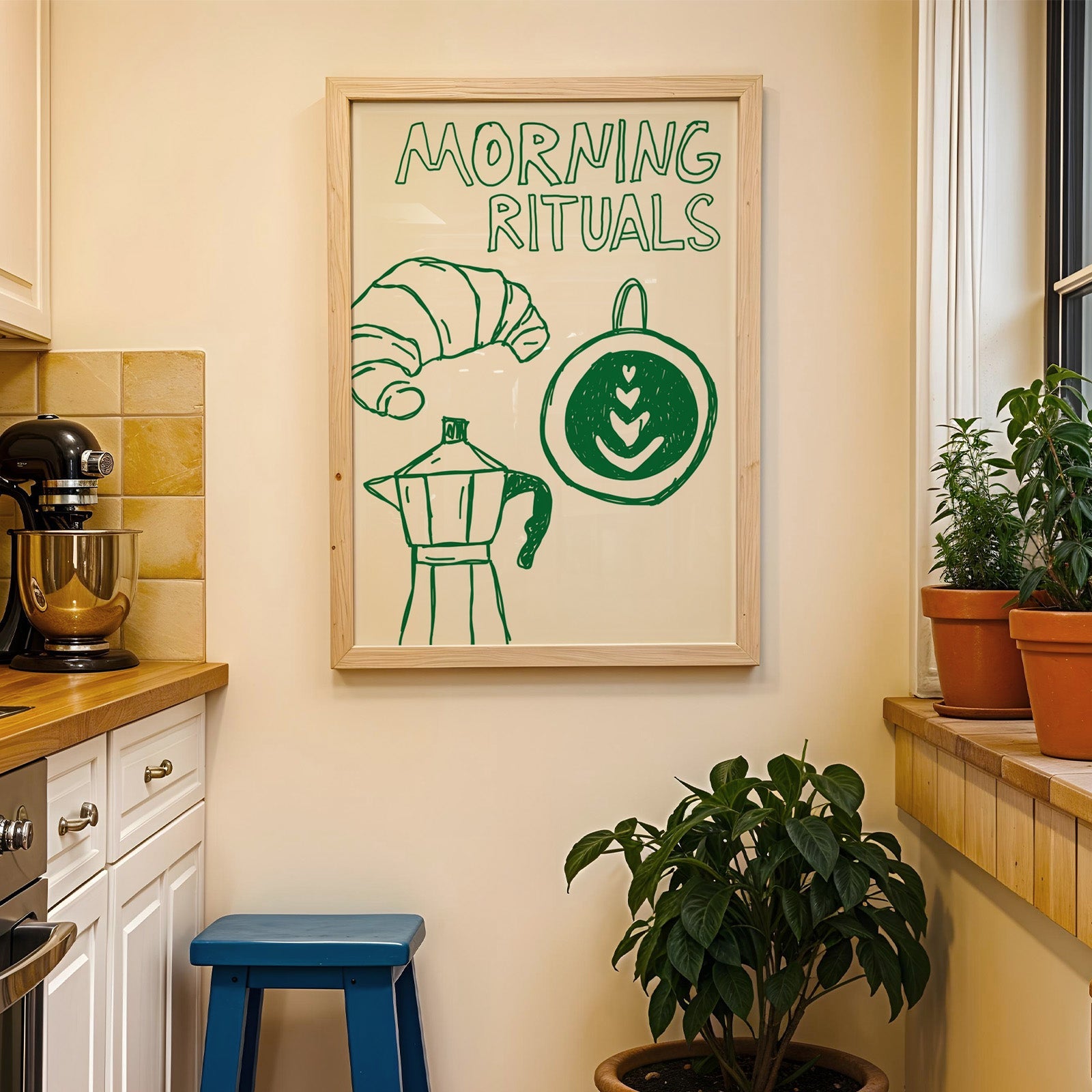 Morning rituals coffee line print in a wood frame on a yellow tiled kitchen wall