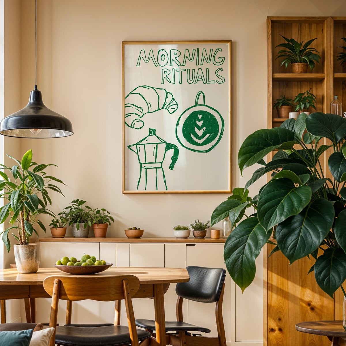 Morning rituals coffee line print in an oak frame above a sideboard in a dining room