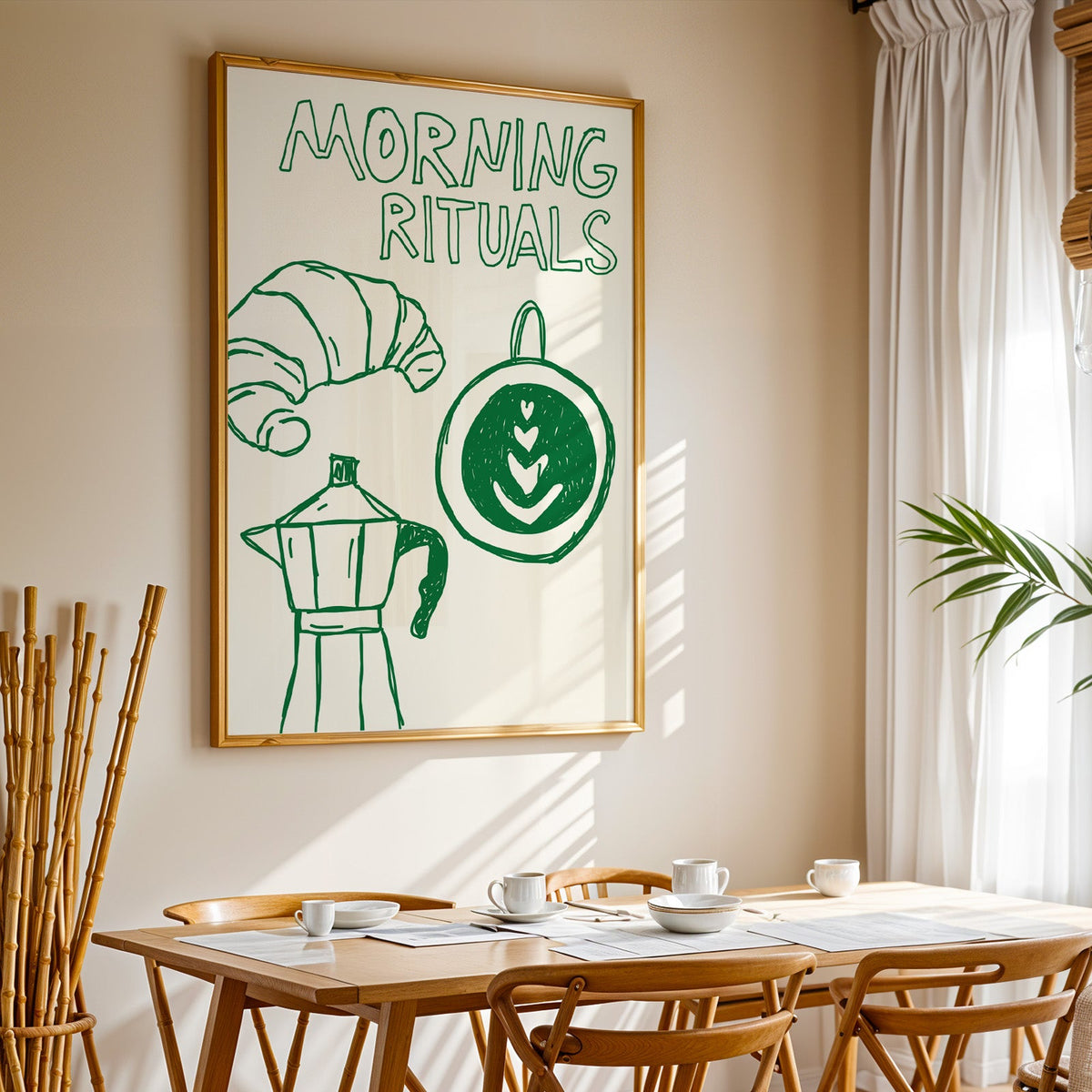 Morning rituals coffee line print in a gold frame above a sunlit breakfast table