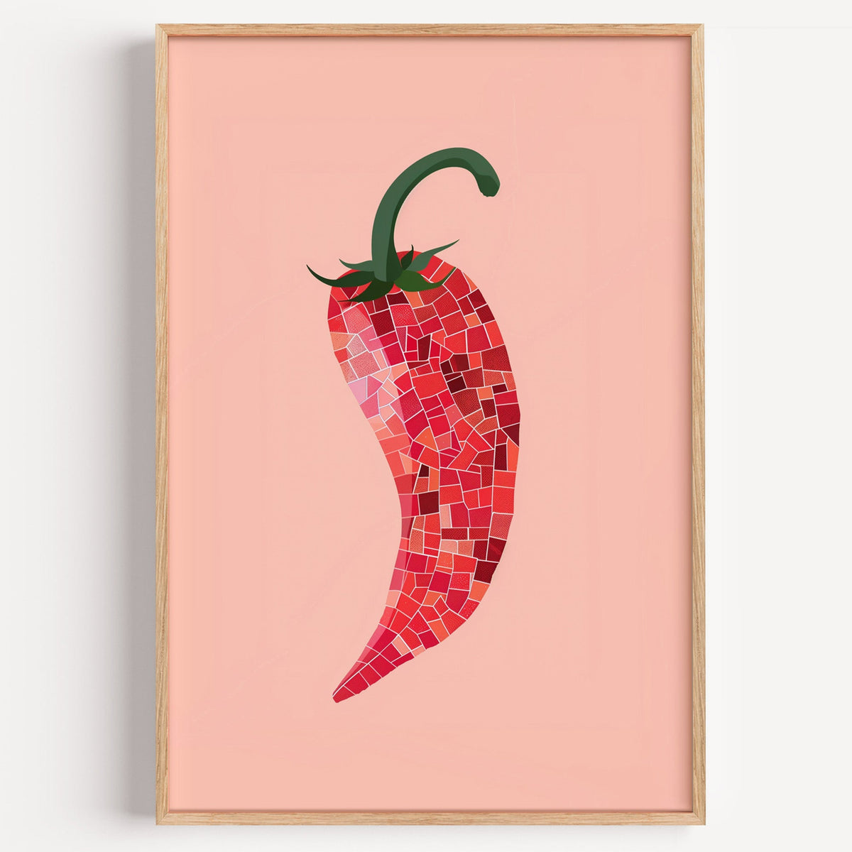 Mosaic chilli print in a light oak frame on a plain white wall