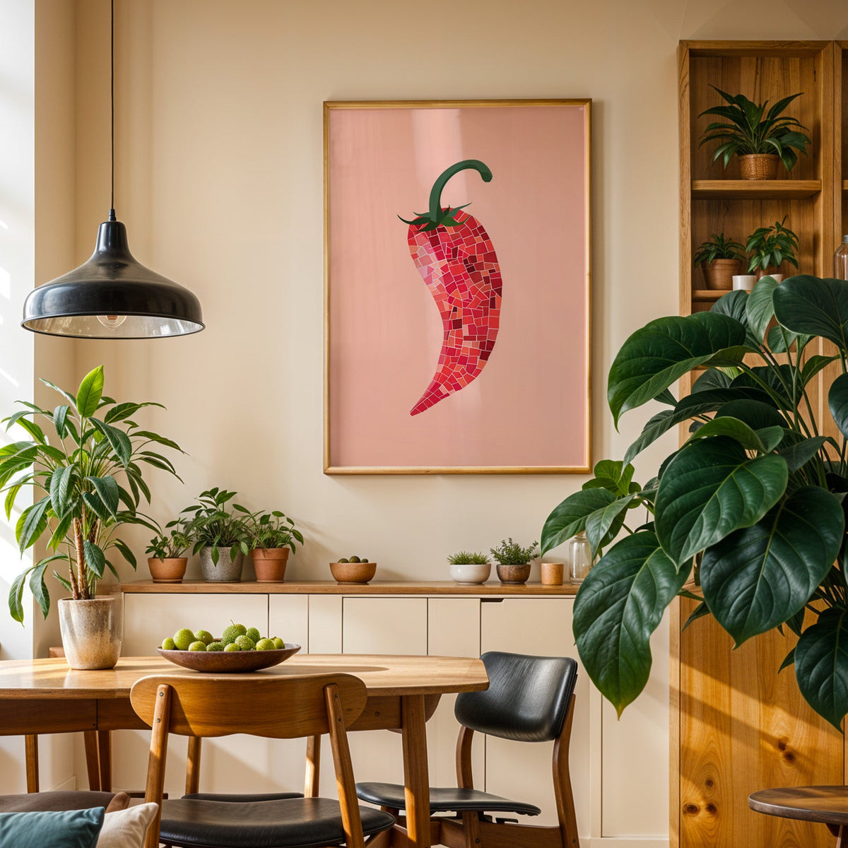 Mosaic chilli print in an oak frame in a dining room above a plant-lined sideboard