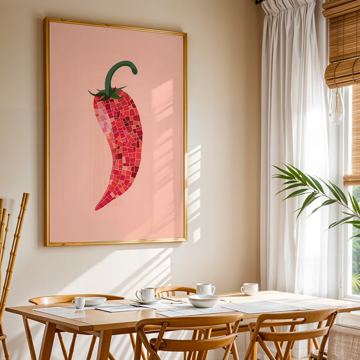 Mosaic chilli print shown in a gold frame above a breakfast table by a curtained window