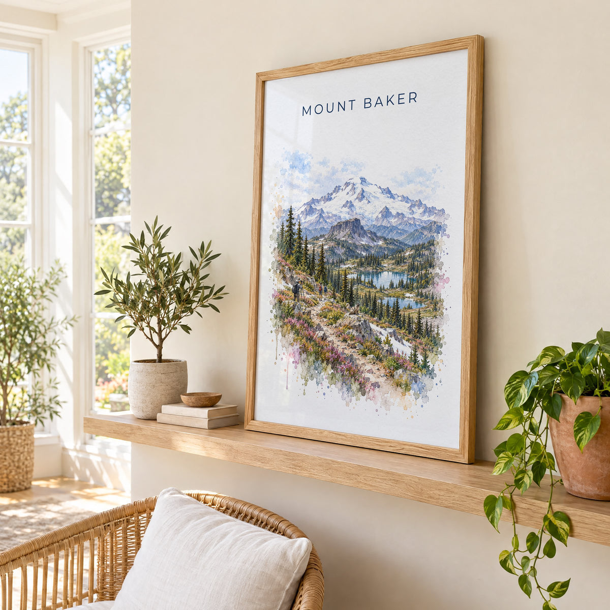 Mount Baker watercolor print in an oak frame on a picture ledge in a sunlit sunroom