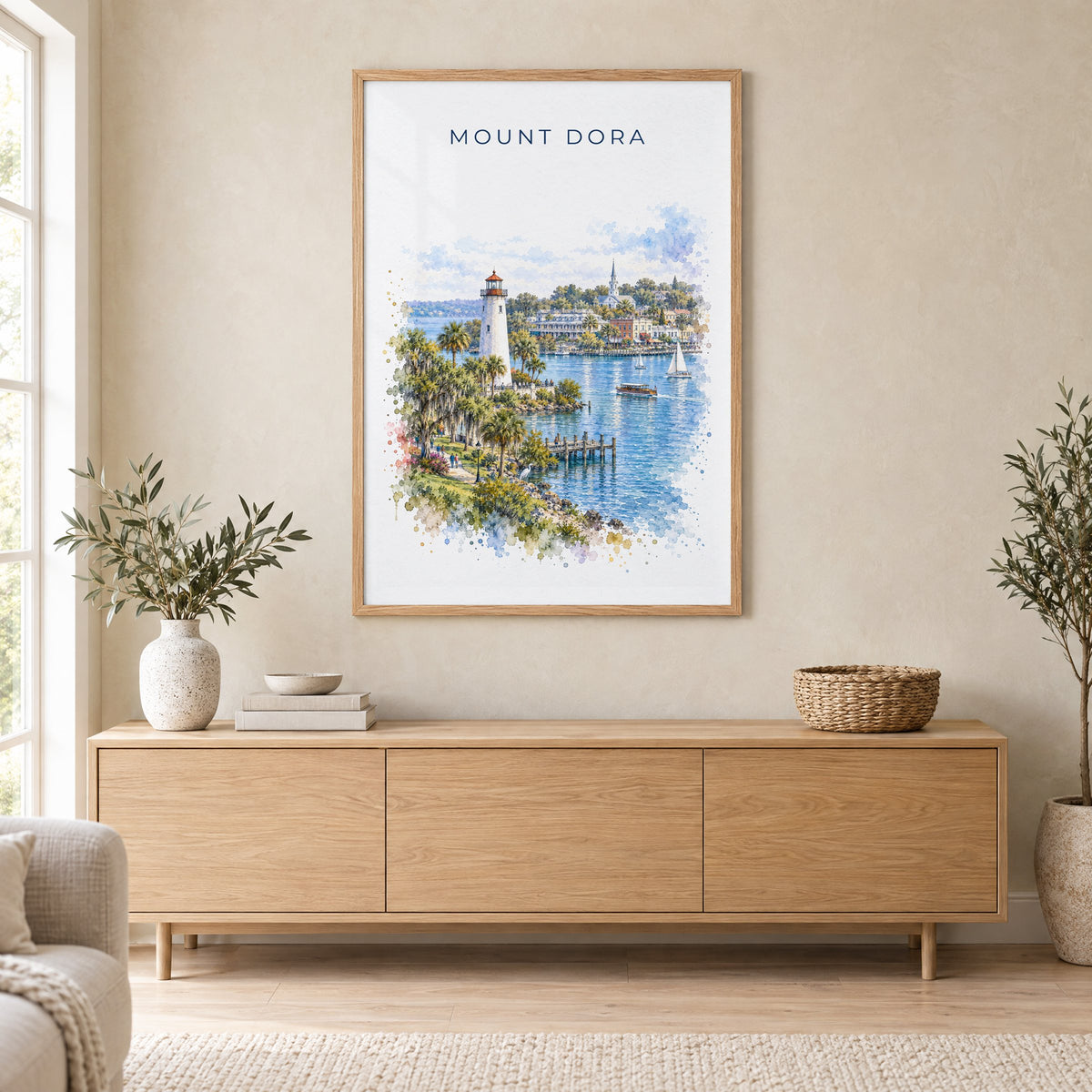 Mount Dora, Florida watercolor print in an oak frame above a light wood sideboard in a Scandinavian living room