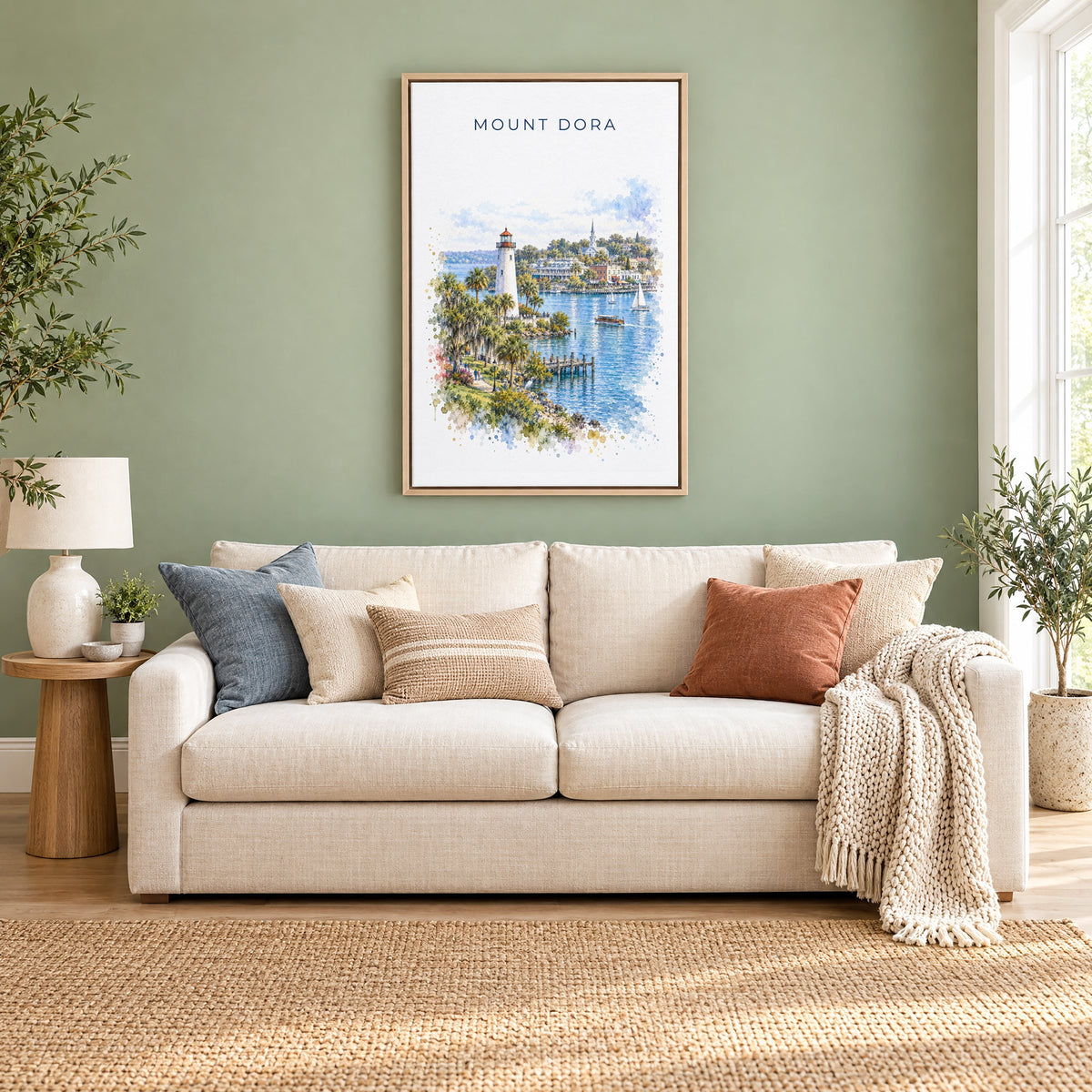 Mount Dora, Florida watercolor print as a natural floater canvas above a cream linen sofa on a sage green wall