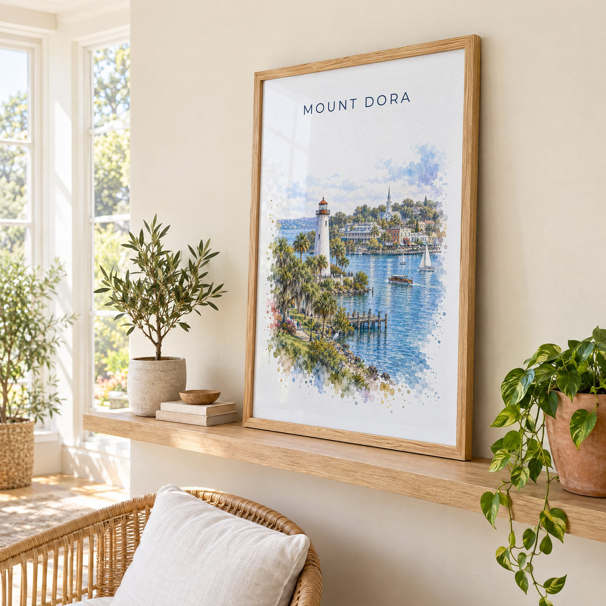Mount Dora, Florida watercolor print in an oak frame on a picture ledge in a sunlit sunroom