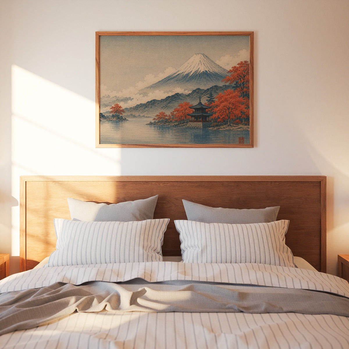 Mount Fuji autumn lake and pagoda print in a warm wood frame above a bed with striped linen bedding