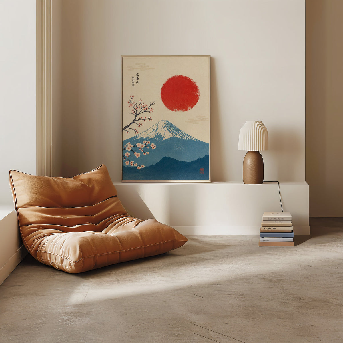 blue Mount Fuji with red sun and sakura print in a light oak frame on a white ledge by a tan leather floor chair