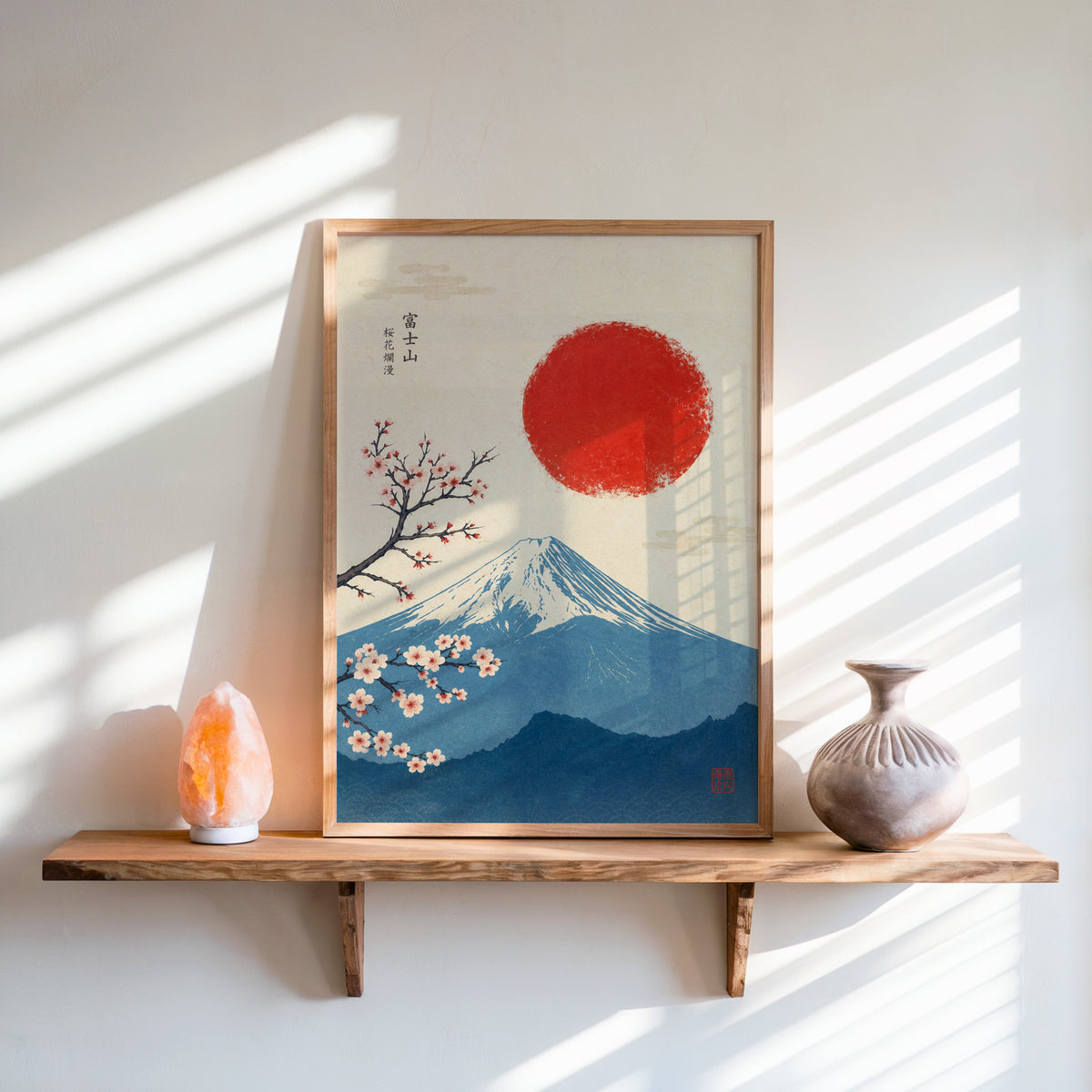 blue Mount Fuji with red sun and sakura print in an oak frame on a live-edge wall shelf with a salt lamp and clay vase