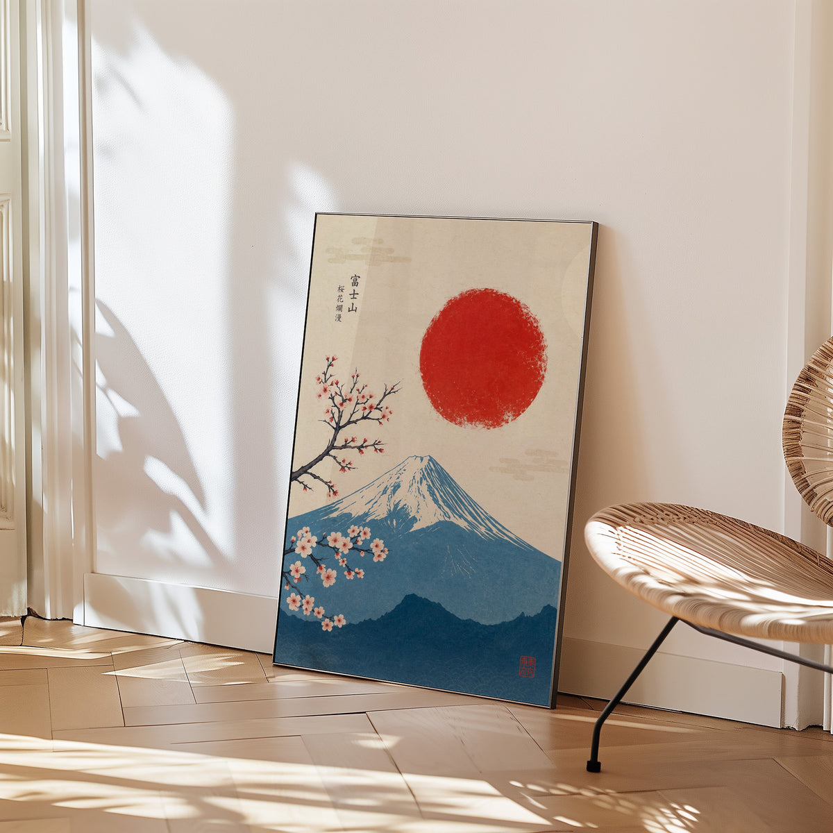 blue Mount Fuji with red sun and sakura print in a black frame leaning on a herringbone floor beside a woven rattan chair