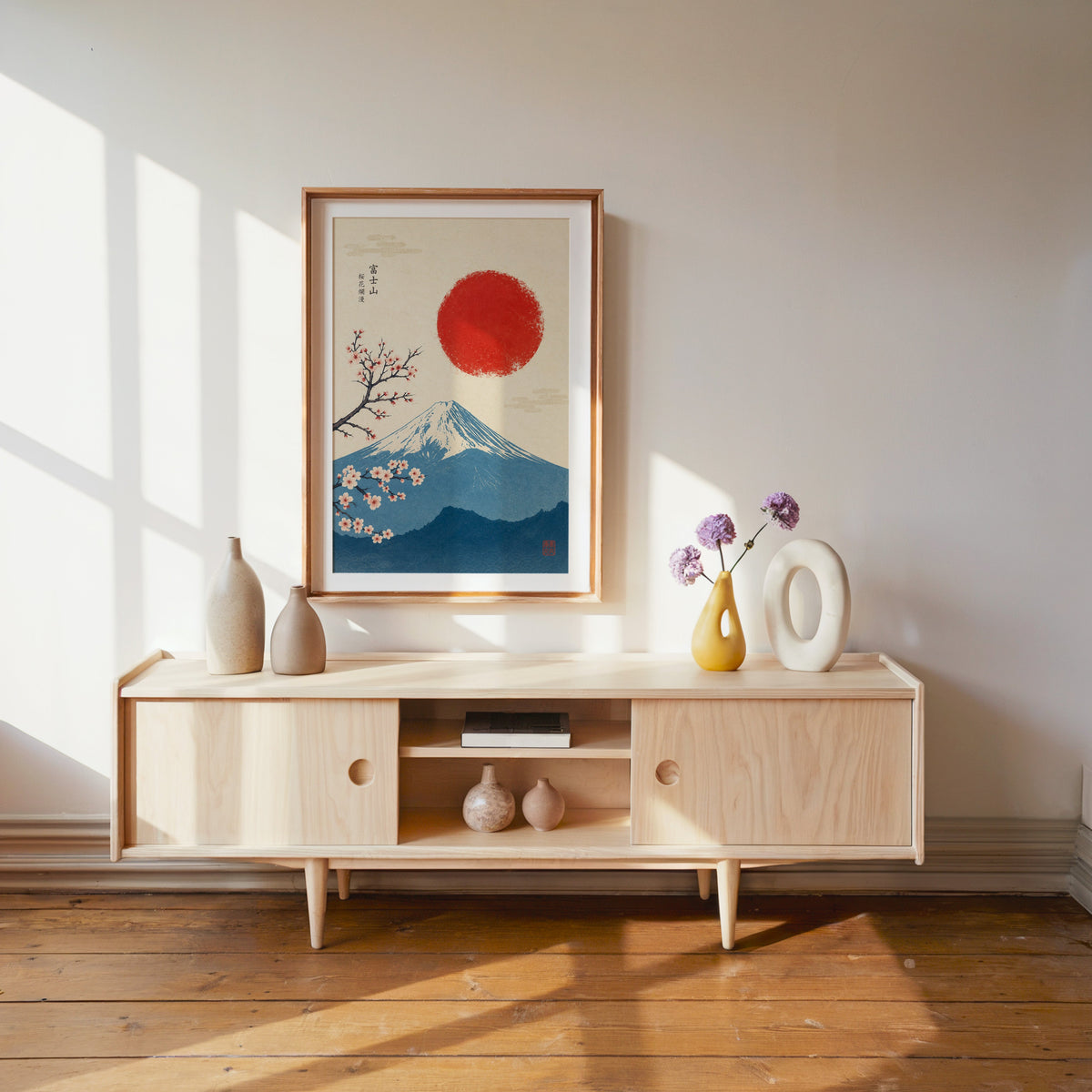 blue Mount Fuji with red sun and sakura print shown in a wood frame with a white mat above a pale wood media console