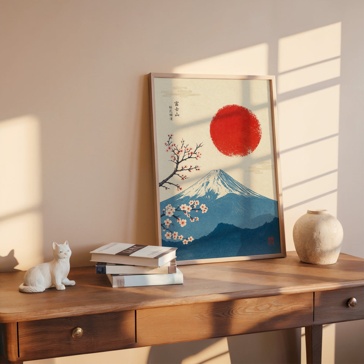 blue Mount Fuji with red sun and sakura print shown in a rose gold frame leaning on a wooden writing desk with books